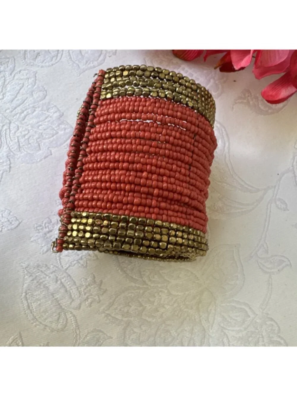 Chico's Bracelet Orange Seed Bead Goldtone Wide Cuff Bangle 3